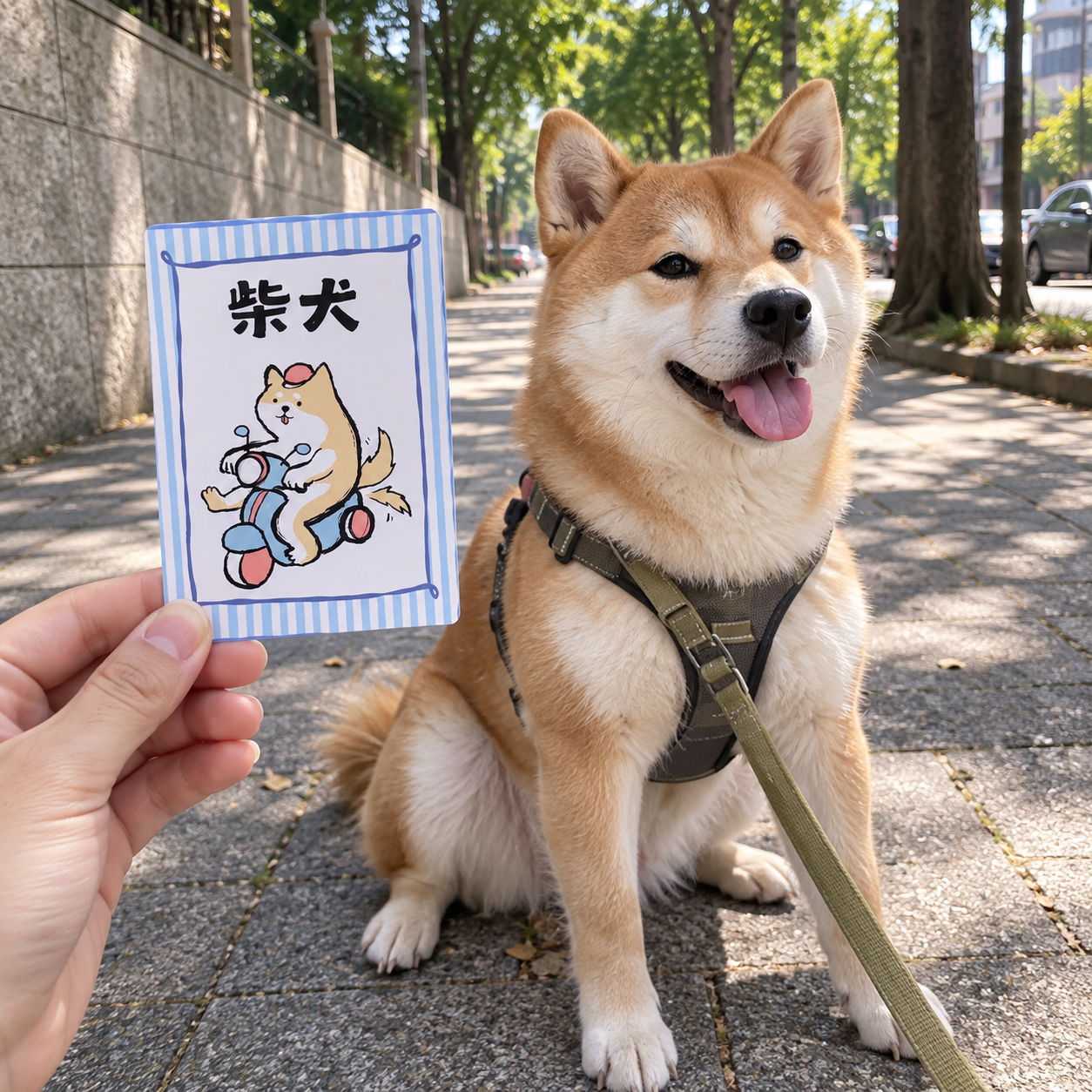 拿著柴犬卡牌和柴犬一起拍照